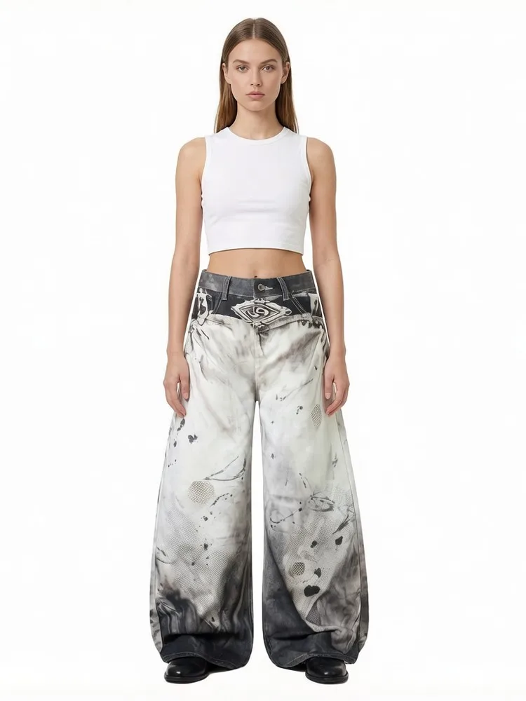 3D Print Distressed Dirty Bleached Washed Retro Gothic Grunge Loose Women's Jeans Pants Trousers for Women Girls Streetwear