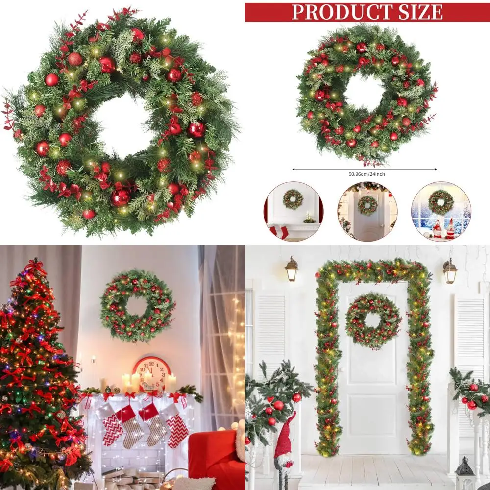 

Светодиодные рождественские венки на батарейках с эвкалиптом, 24 дюйма, орнаментные шары, подходят для декора входной двери