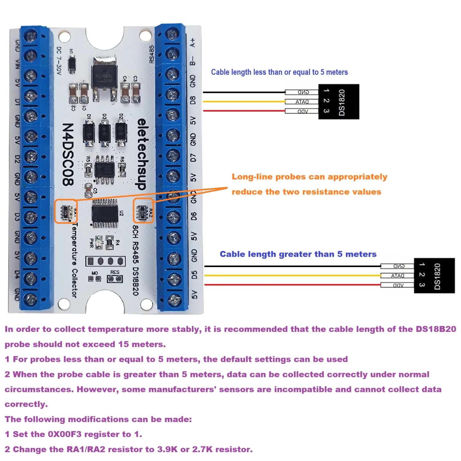 8-Way DS18B20 Digital Temperature Sensor Modbus RS485 Analog IO Module Recorder Board