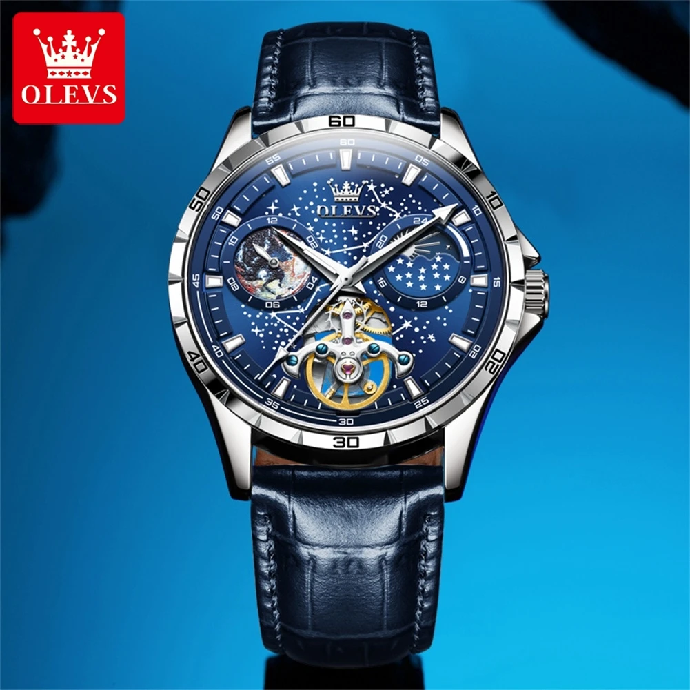 OLEVS Original Watch for Men Skeleton Flywhewl Rotating Seconds Starry Sky Automatic Mechanical Wristwatch Luminous Moonswatch