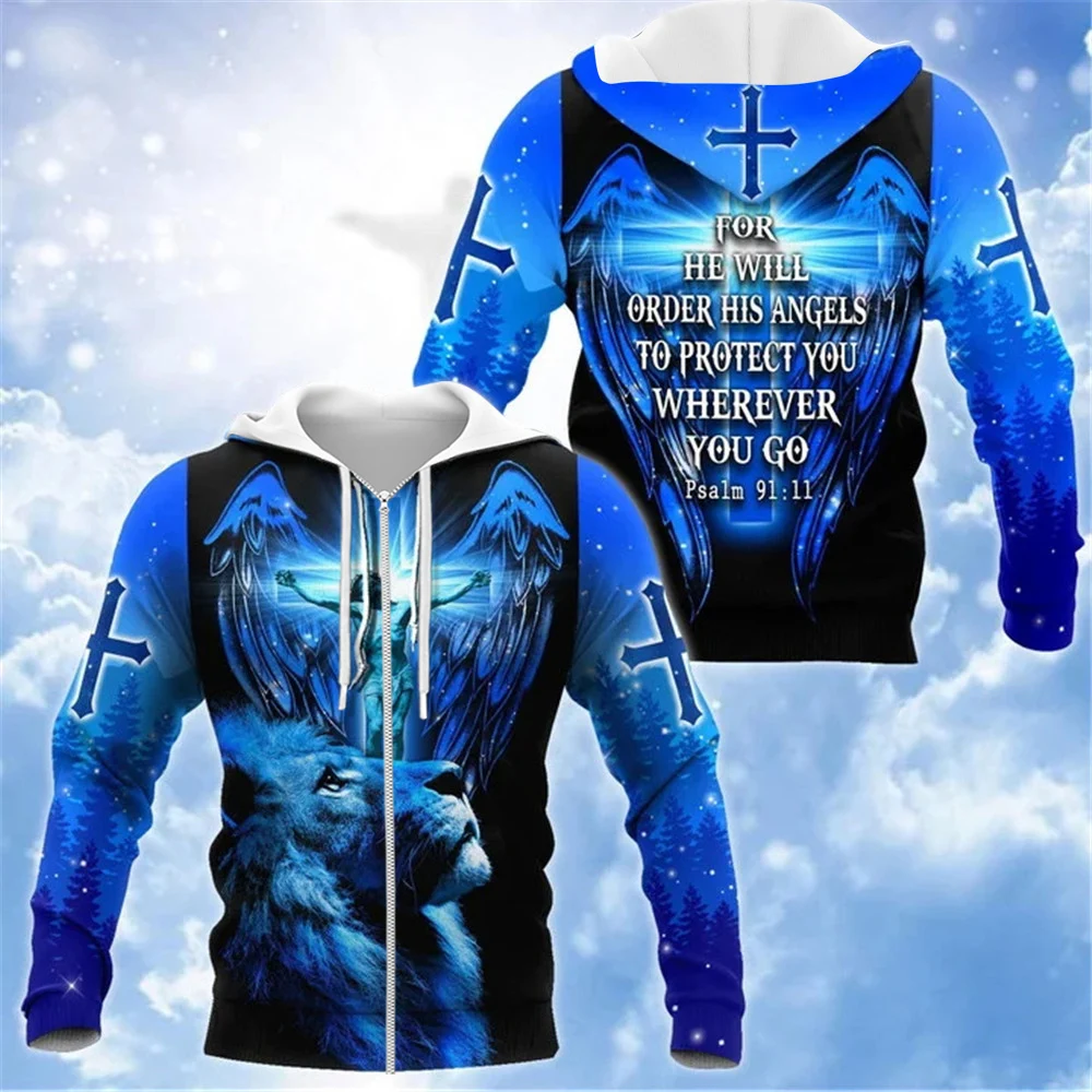 

HX Jesus Zip Hoodies Jesus Christ On Cross With Wings All Over Printed Hoodie 3D Graphic Sweatshirt Casual Sportswear