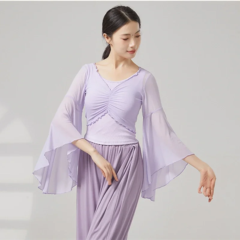 Classical Dance Top Women Flared Sleeve Shirt Spliced Mesh Training Performance Competition Costume Flowy Chinese Folk Dancewear