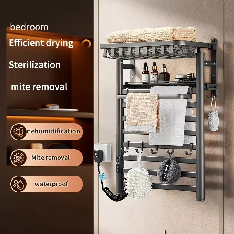2025 New Aluminum Wall Mounted Intelligent Electric Towel Rack, Bathroom Heating Mesh Basket, Folding Storage Rack