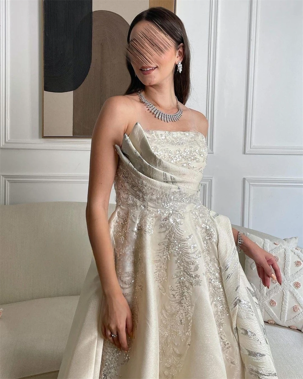 Customized Satin Sequined Beading Applique Ruched Clubbing A-line Strapless Bespoke Occasion Gown Long Dresses