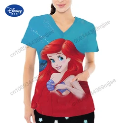 Disney Cartoon Pattern Women's T-Shirt V-neck Design Style T-shirts 2024 New Fashion Women Clothing Double Pocket Cute Clothes