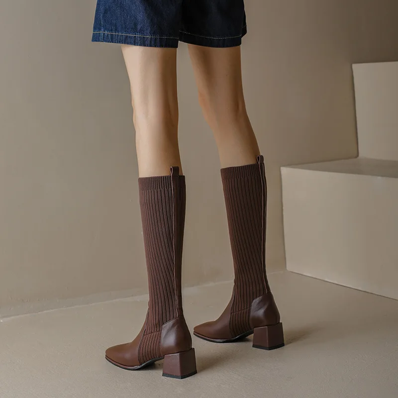 Women Knee-High Sock Boots 2022 New Fashion Knitting Stretch Cloth PU Stitching Long Boots Female Square Toe High Heels