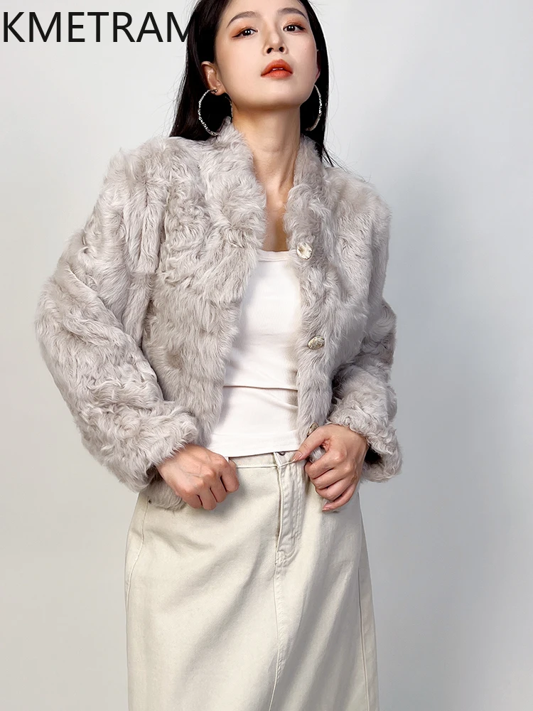ขนสัตว์ธรรมชาติ Sheepskin Double Faced เสื้อขนสัตว์ผู้หญิง STAND COLLAR ขนสัตว์จริงฤดูหนาวเสื้อผ้าสั้น Furry แจ็คเก็ต 2025 Fourrure
