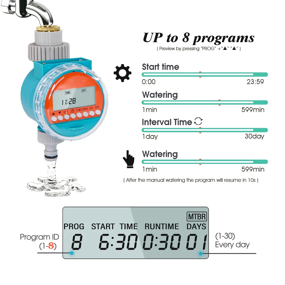 N338 Auto Rain Sensor Water Timer 8-Program 1-599 Mins Watering Duration Energy-Saving Irrigation Controller 1-30 Day Intervals