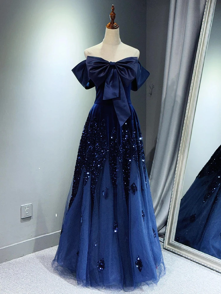 

Blue Evening Dress Women's High Sense Banquet Host Costume Dress