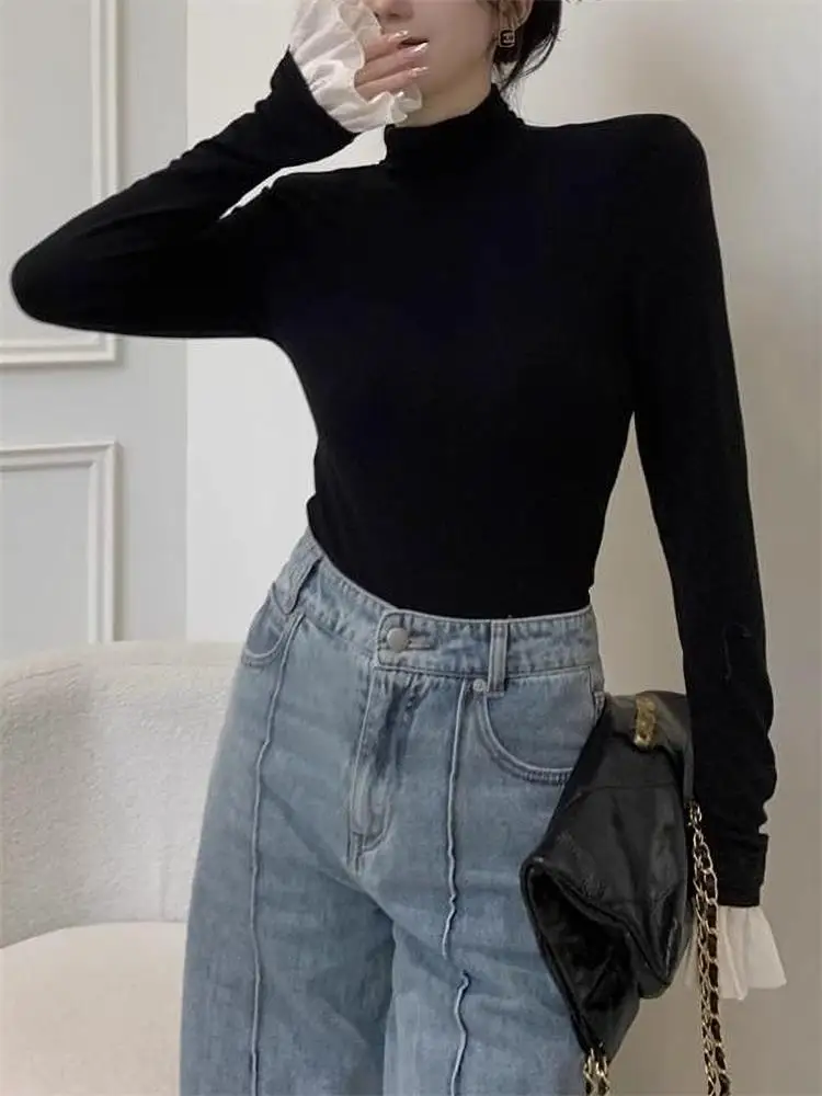 Koreanisches Rollkragen-Langarm-Basic-T-Shirt für Damen, Herbst und Winter, schlankes schwarzes warmes Top, modisches, dünnes, elegantes Damen-T-Shirt – Detail 7