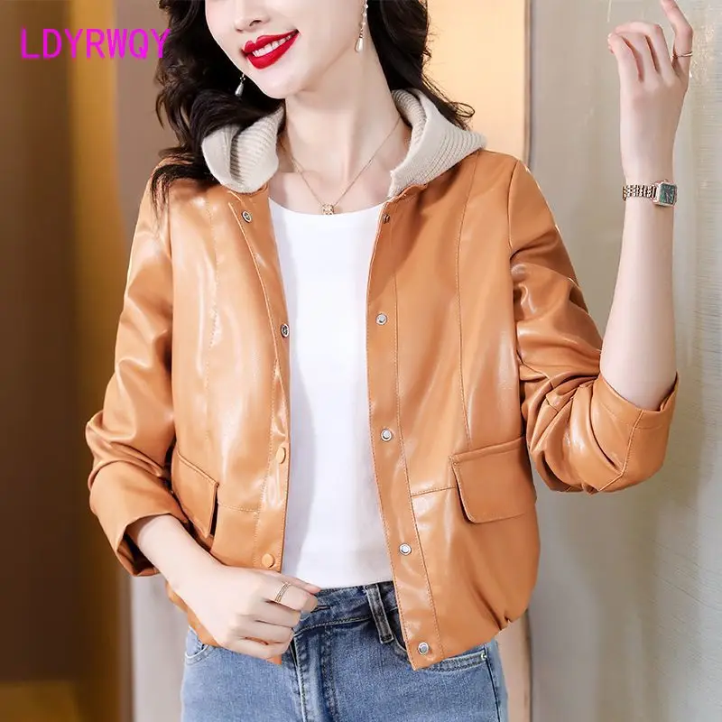 Hooded leather jacket for women\'s short 2023 spring wear new motorcycle wear PU leather jacket jacket