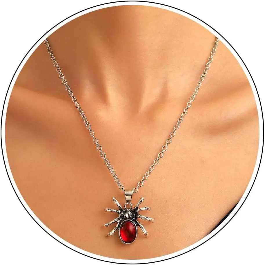 

Gothic Spider Necklace Ruby Pendant Long Chain Reptile Animal Jewelry Halloween Gift for Women