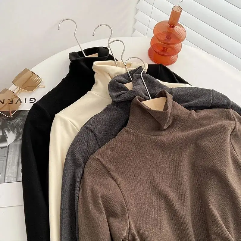 Double-Sided Fleece Long Sleeve Women's Base Shirt Korean Style High Collar Fluffy Lined Inner Wear Black Lazy Style Top