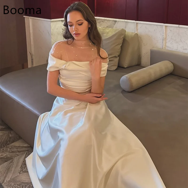 

Booma A-Line Off The Shoulder Pearls Satin Simple Long Wedding Dresses Sleeveless Brides Gown Custom Made 2025