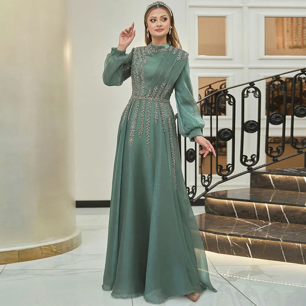 A-Line Organza Muslim Evening Dress Customized Dubai Women\'s Formal Prom Dresses Applique Zipper Long Sleeve Vestidos De Gala