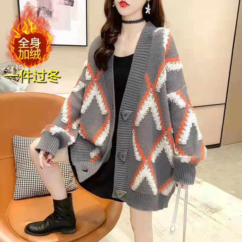 2024Autumn Winter New Sweater Women\'s Cardigan Thickened Korean Style Coat Loose Lazy Jackets Foreign Style Female Outerwear Top