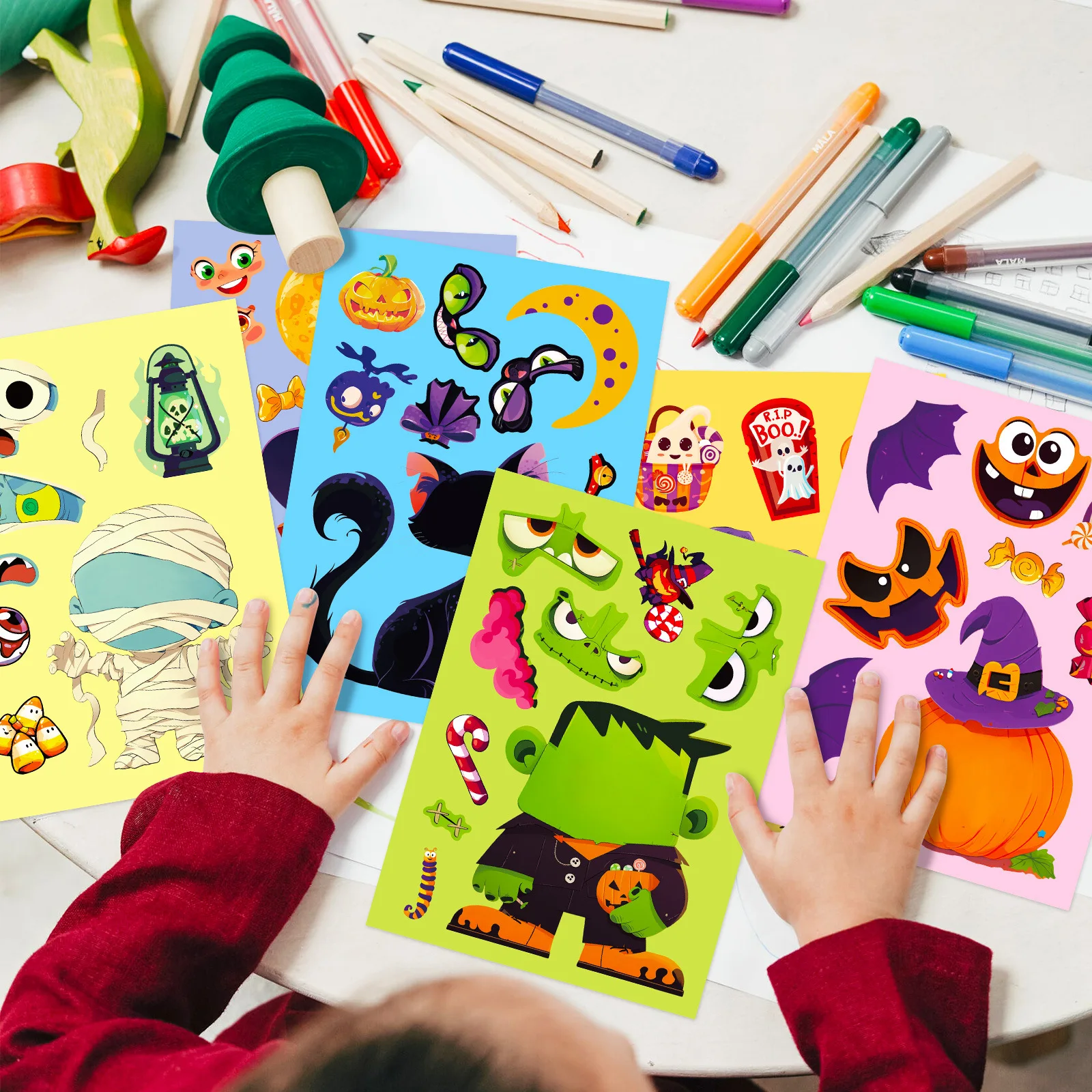 Jeu d'Autocollants de Puzzle d'Halloween pour Enfant, 6 Feuilles, Fantôme, Citrouille, Faire un Visage Drôle, Assembler, Jouets