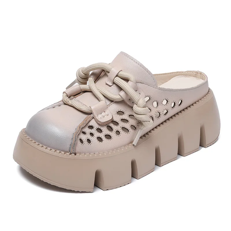 

2026 New 6cm Cow Genuine Leather Slip on Chunky Heels Shoes Slipper Pumps British Hollow Women Summer Lady Platform Wedge Comfy