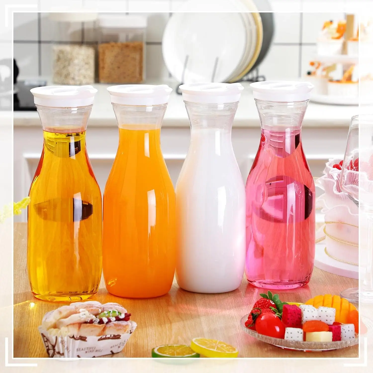 24-Piece Plastic Water Carafe Set with Lid, 32 Oz, Clear Body with White Cap