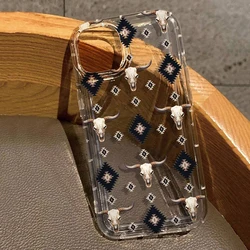 Case For iPhone 16 Pro Max 15 14 13 12 11 Western Cowboy Vibes Bull Head Print Clear Cover For iPhone XS Max XR X 7 8 Plus Cases