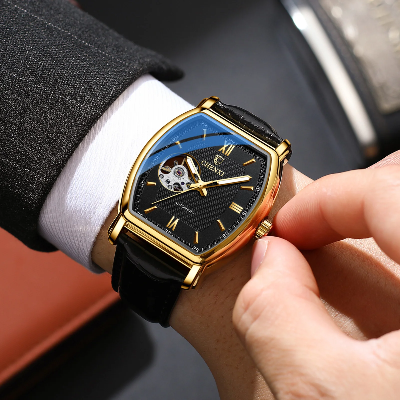 Automatic Mechanical Skeleton Man Watch Fashion Luxury CHENXI Watches For Men Business Leather Waterproof Tonneau Wristwatch