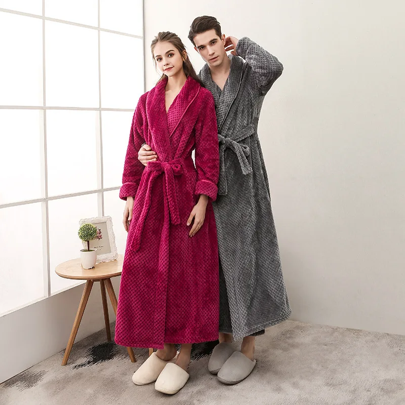 

Autumn Winter Thick Flannel Couple Pajamas Nightgown Bath Robe Kimono Bathrobe Fleece Loungewear Sleepwear Warm Robes Belts