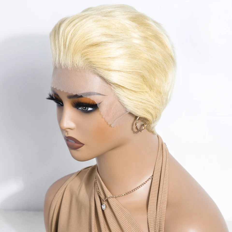 Lekker 613 شقراء قصيرة عابث قطع مستقيم بوب الدانتيل الجبهة 100% خصلات الشعر المستعار الإنسان للنساء البرازيلي شعر ريمي أملس الظهر الباروكات