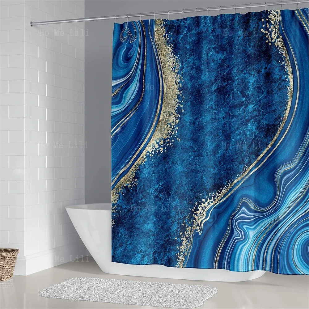 Blue Luxury Marble Shower Curtain Toilet Lid Rug Bath Mat Four-Piece Bathroom Decor