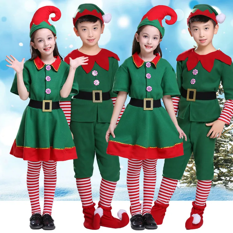 

Рождественский костюм Санта-Клауса для мальчиков и девочек, зеленый эльф для косплея, семейный карнавал, яркий новый год, набор одежды для мужчин и женщин