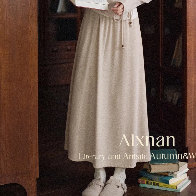 

ALXNAN Oatmeal Long Skirt Women Autumn New Loose-fit Casual A-line Midi Skirts 2025 Trend Sport Travel Office Lady Skirt L569115