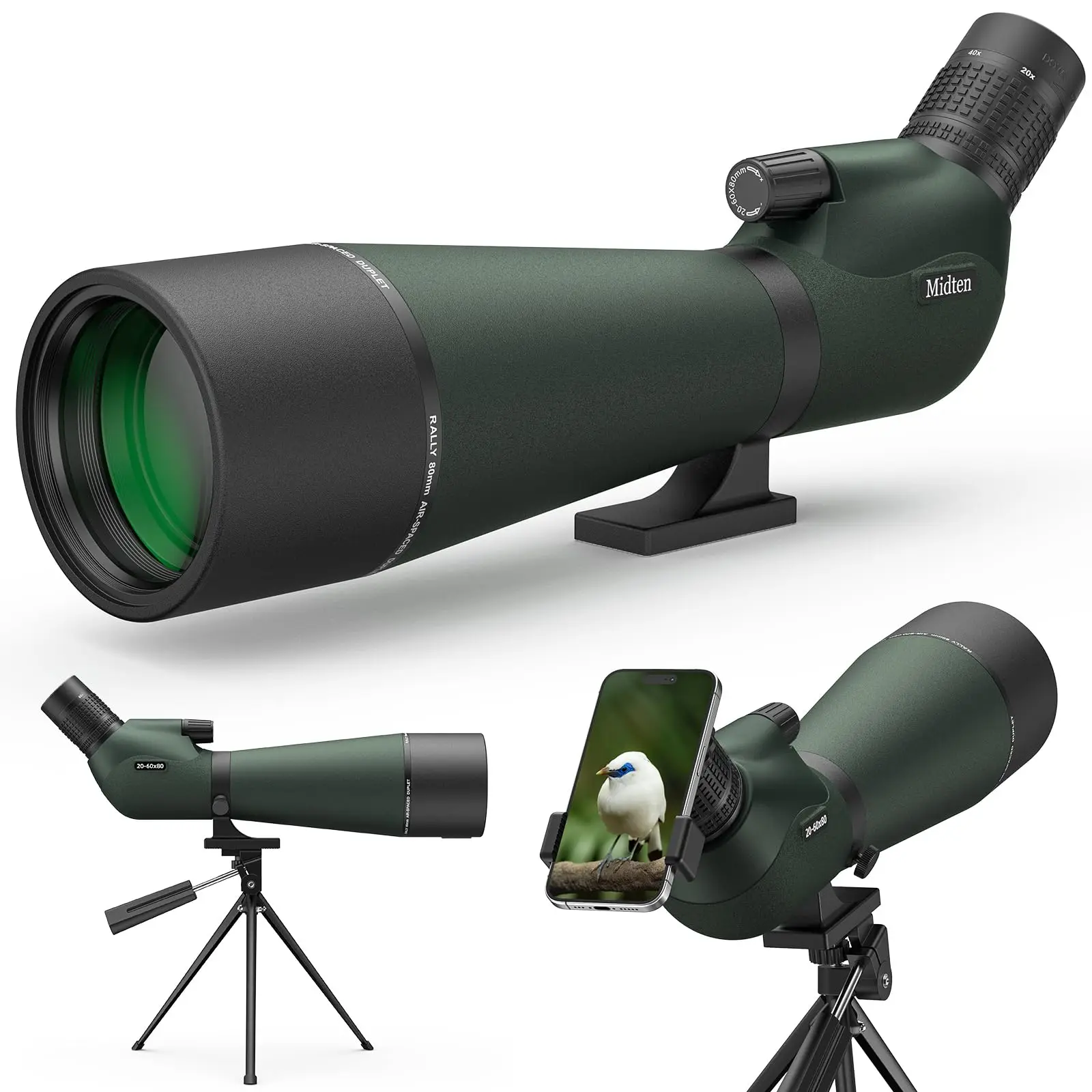 Spotter Scope zum Ansehen von Wildtieren 20-60x80 BAK4 Wasserdichtes Spektiv-Kit mit Stativ-Tragetasche und Telefonadapter Grün