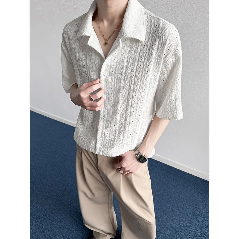 

Summer Short Sleeved Shirt Men Fashion Black Casual Shirt Men Korean Loose Hollow Shirt Mens White Shirts Plus Size 5XL
