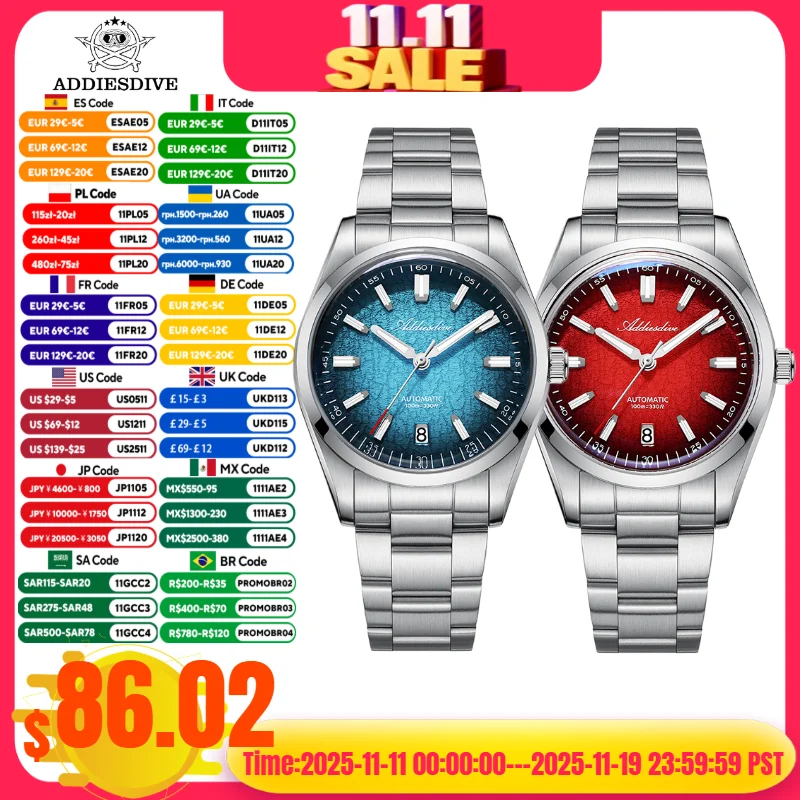 Addiesdive رائجة البيع ساعة أوتوماتيكية للرجال 8215 حركة 100 متر مقاوم للماء مضيئة 316L الفولاذ المقاوم للصدأ 39 مللي متر ساعات آلية