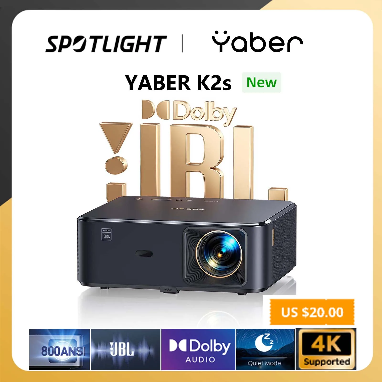 Yaber K2S FHD 1080P Проектор Bluetooth WiFi Проектор Dolby Audio JBL Sound 800 ANSI люмен NFC Автофокус Поддержка 4K