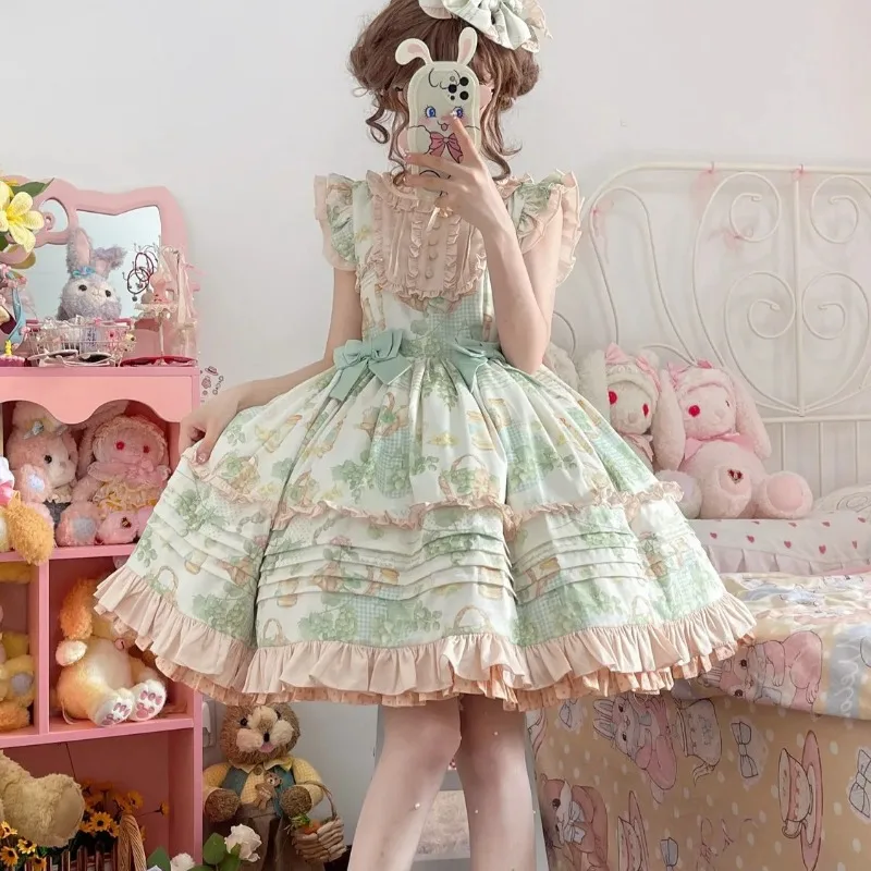

Lolita Japanese-style Princess Dress Green Costume Grape Print Sweet Short Sleeve Dresses Birthday Party Clothes for Women