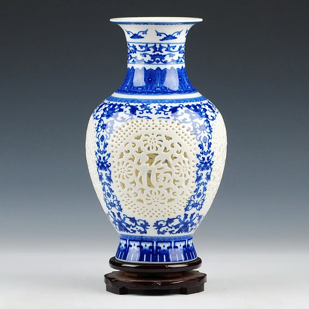 Jingdezhen Hollow Pierced Blue White Porcelain Vase, Fu Pattern Chinese Handicraft, Living Room Table Decor Ornament Gift