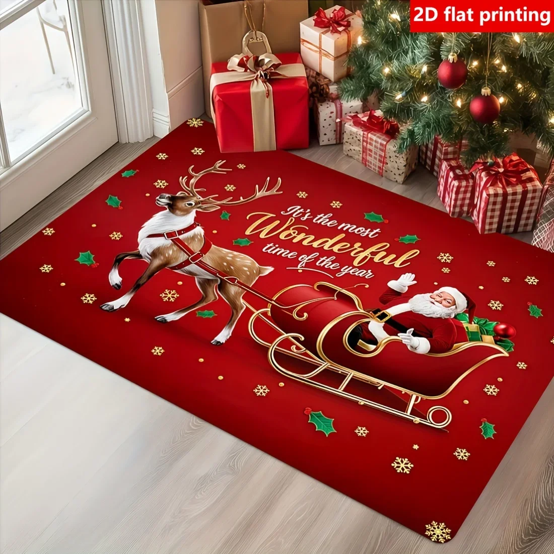 Wonderful Time Floor Mat Christmas Reindeer Sleigh Welcome Rug Gold Snowflake Pattern Doormat Red Holiday Room Area Rug