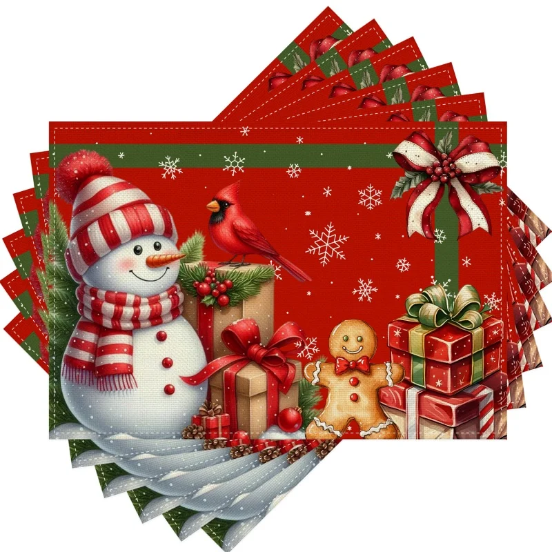 Red Background Snowman Placemats, Pine Tree Candy Cane Printed Linen Table Mats, Xmas Holiday Table Decor