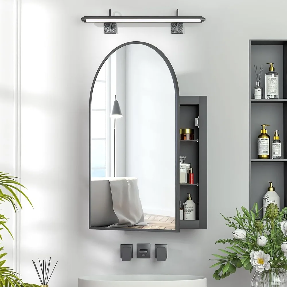 Recessed Medicine Cabinet with Mirror,Arched Medicine Cabinet Mirrors for Bathroom,Brushed Black Medicine Cabinets in Wall