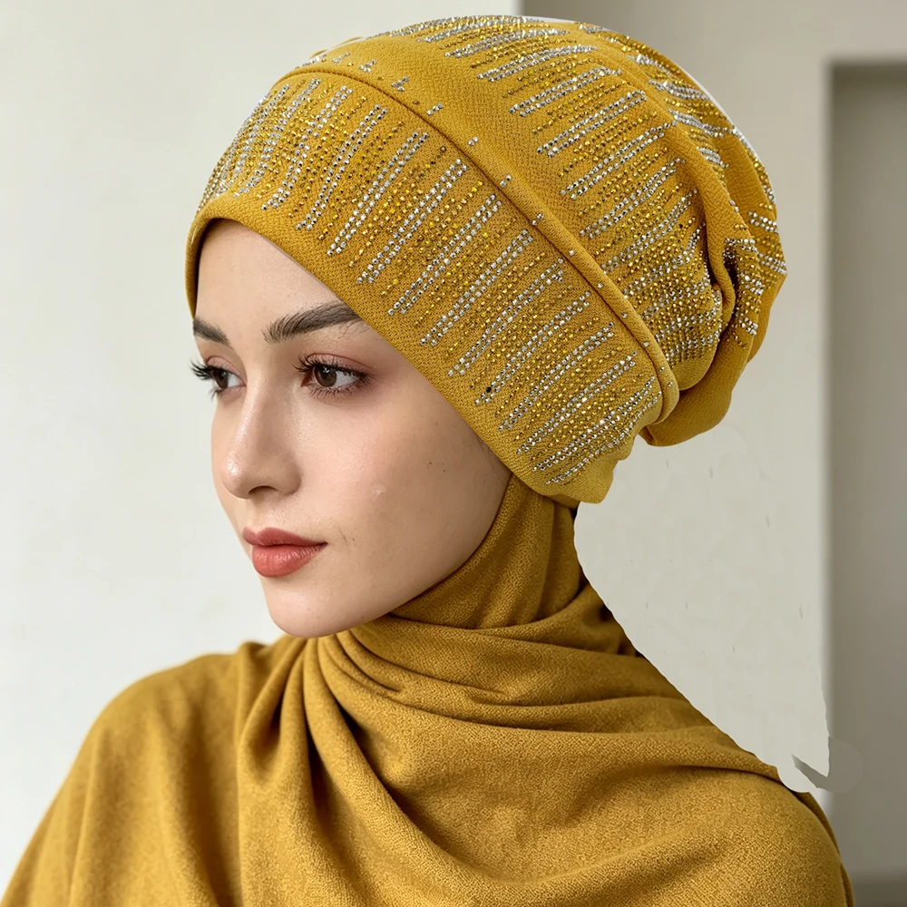 Fashion Women Full Diamonds Turban Cap Elastic Muslim Hijab Bonnet Hat Ladies Headband Turbans African India Caps