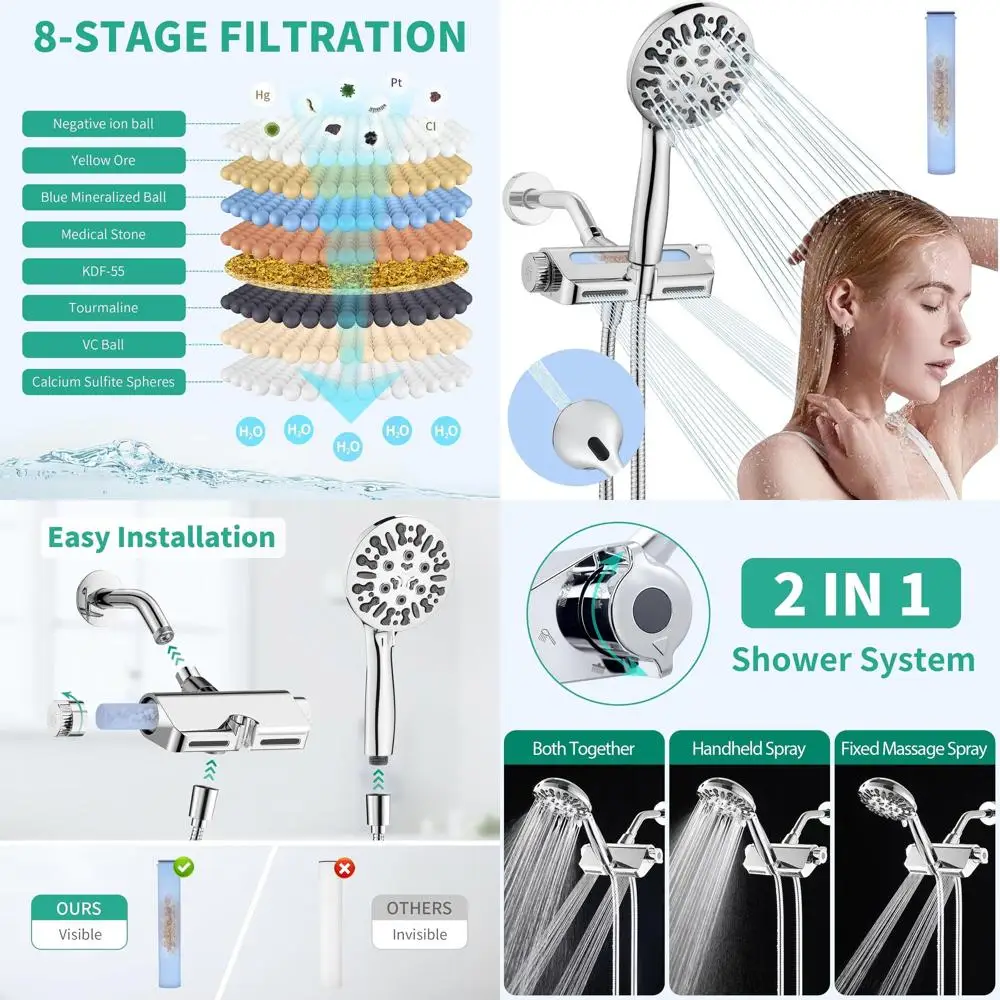 

Dual-Mode High-Pressure Shower System with Hard Water Filter and Handheld, Removes Chlorine & Fluoride (Chrome)
