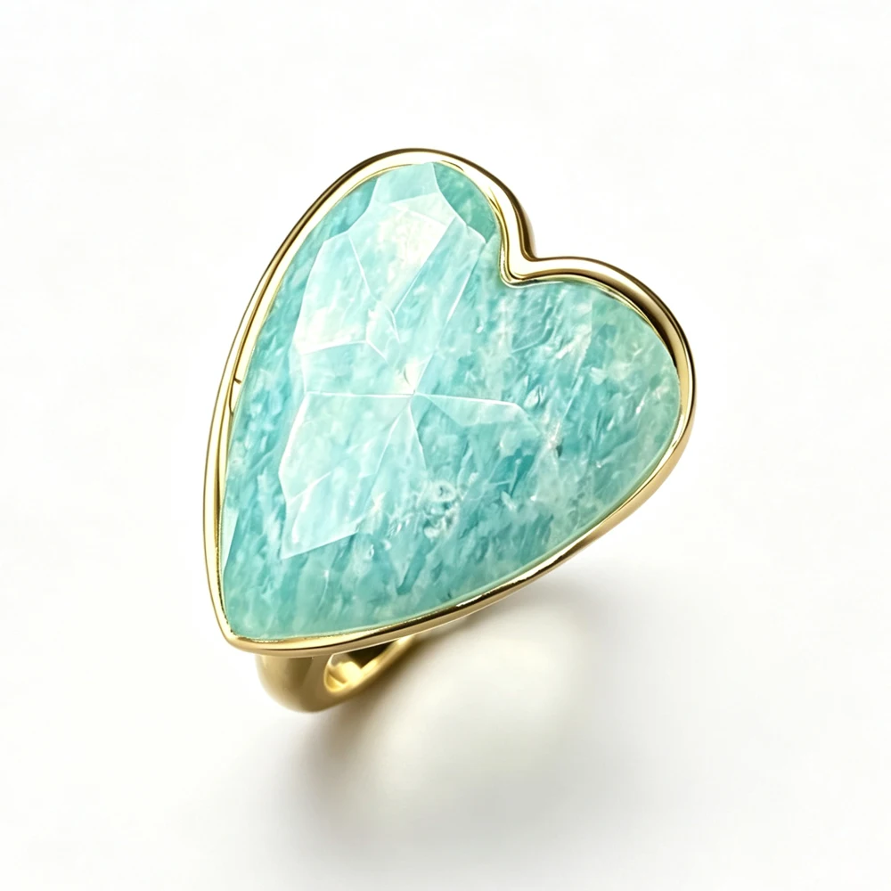 New Design Natural Amazonite Adjustable Rings Yellow Gold Gemstone Heart 15*18mm Jewelry for Women Birthday Party Daily Wear