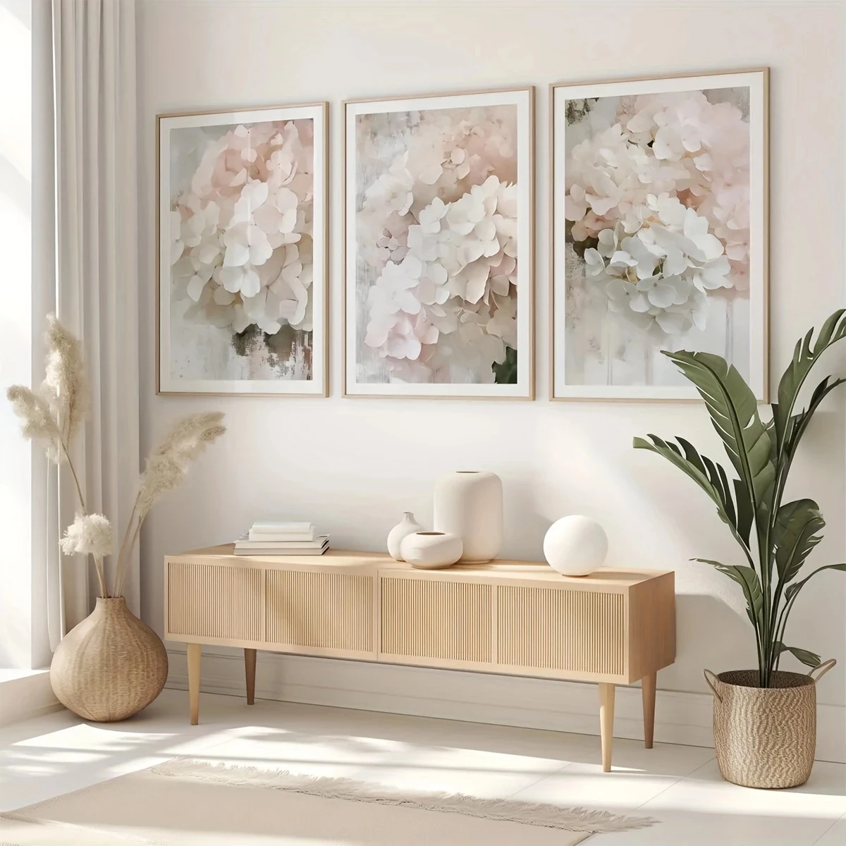 Canvas Wall Art Set of 3 Retro Floral Abstract Plant Flowers Pink Hydrangea Print Vintage Home Decor Unframed Wall Hanging