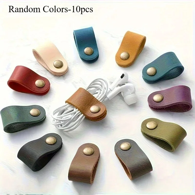 10pcs Faux Leather Data Cable Earphone Cable Faux Leather Tie， for desktop storage and mobile phone cable and headphones storage