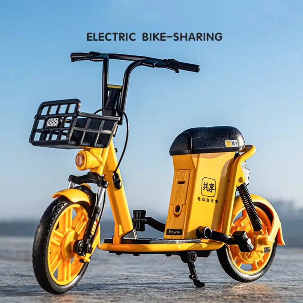 1/8 Shared Electric Bicycle Model Toy Car Diecast Alloy E-Bike Metal Body Rubber Tire Sound Light Front Turning Toy Gift for Boy