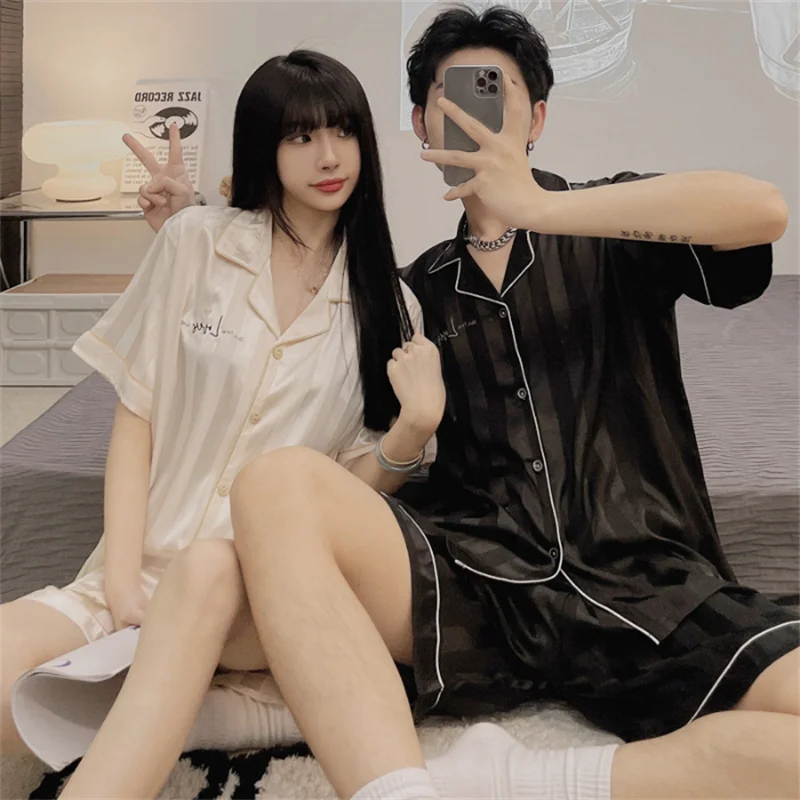 

Summer Solid Color Stripe Couple Pajamas Set Cardigan Short Sleeve Shorts Sleepwear Casual Women Men Silk Soft Nightwear