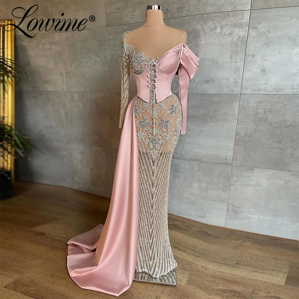 

Lowime See Through Pink Hot Sexy Party Dresses 2022 New Arrival Beaded Crystals Long Sleeves Evening Dress Mermaid Prom Gowns