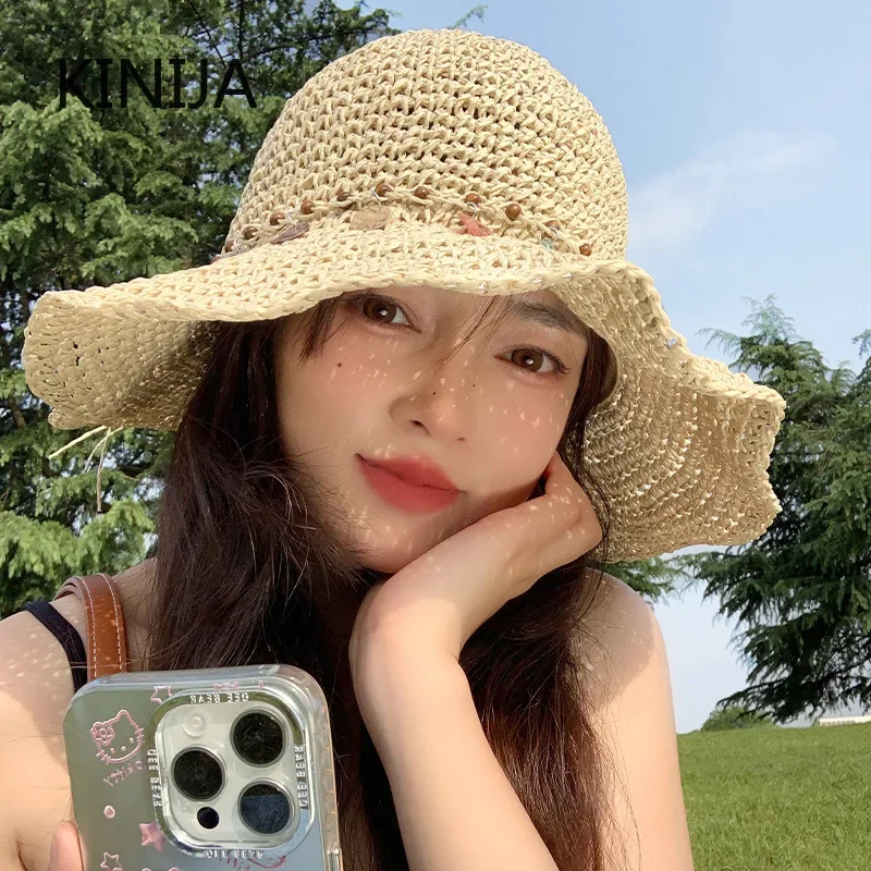 Korean Bucket Strap Straw Sun Hats for Women Summer Holiday Sunblock Beach Hat Foldable Vacation Wear Shell Hook Straw Hat