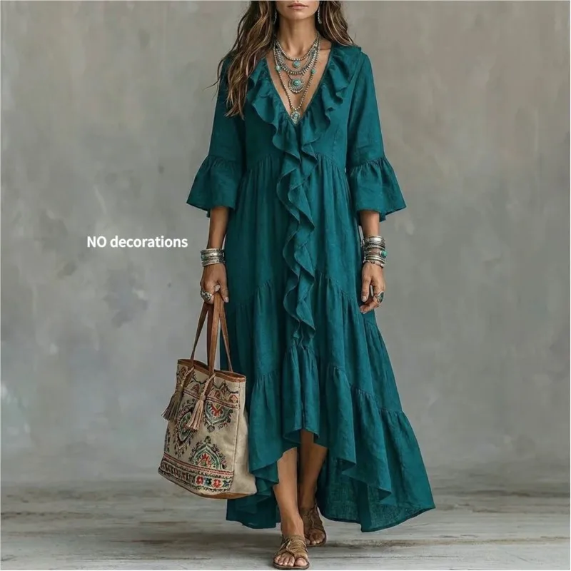 Women's Maxi Dress Deep V Ruffle Front Flared Sleeves Tiered Layer Hem Loose Dress Crinkle 2026 New Autumn Beach Holiday Dresses