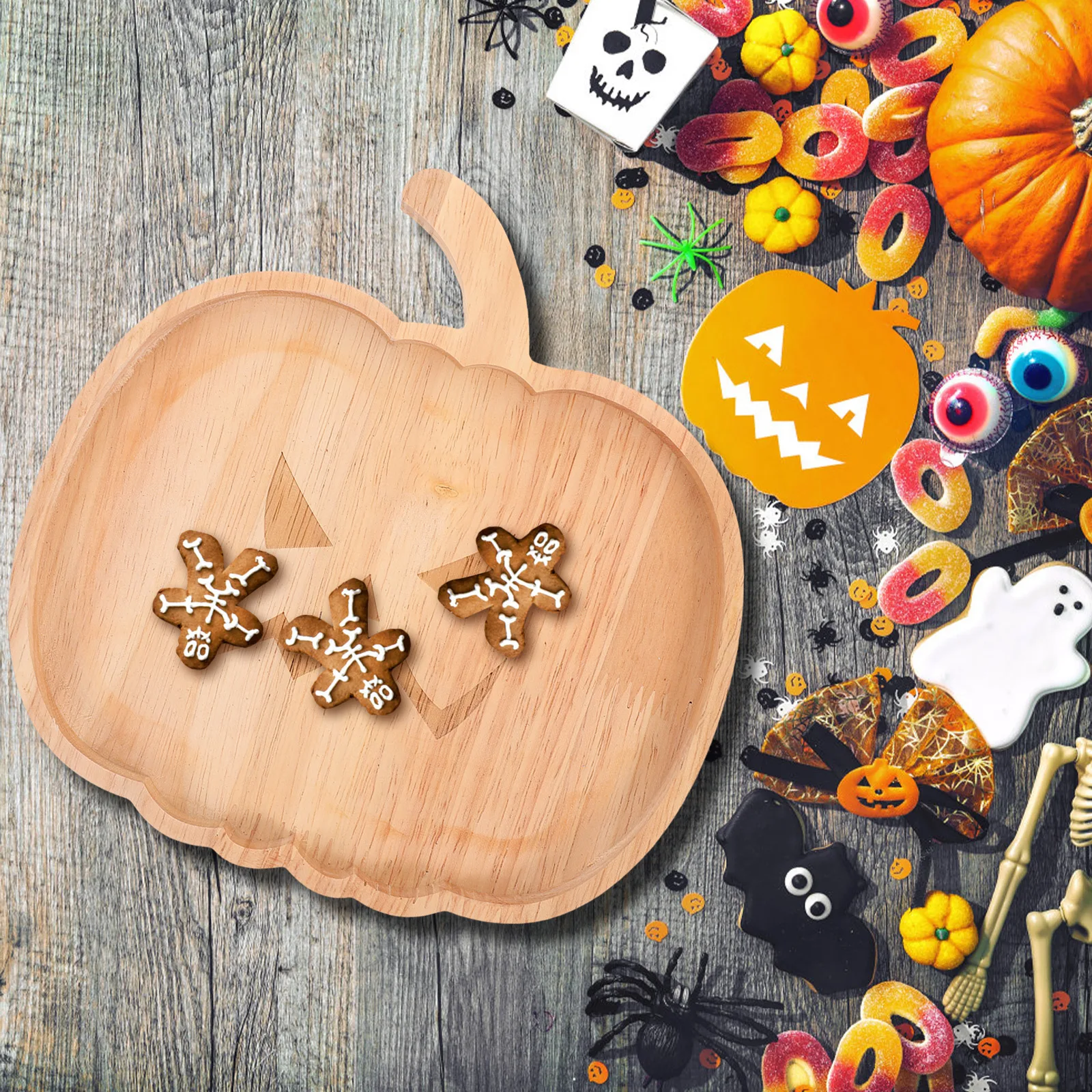 

Wood Snack Tray Pumpkin Shape Decorative Halloween Serving Plate Fruit Cake Dessert Holder Kitchen Display Tray